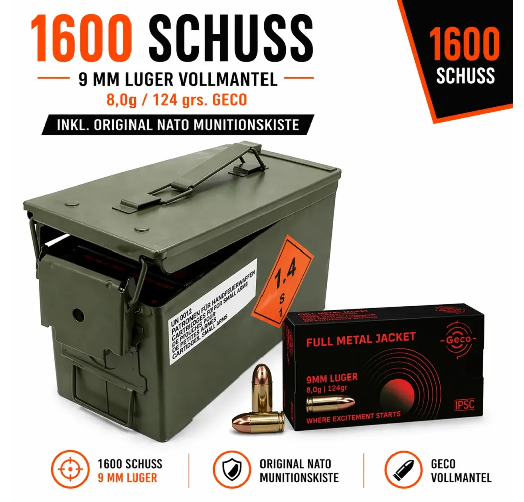 1600 Schuss 9mm Luger GECO Vollmantel Natokiste Set